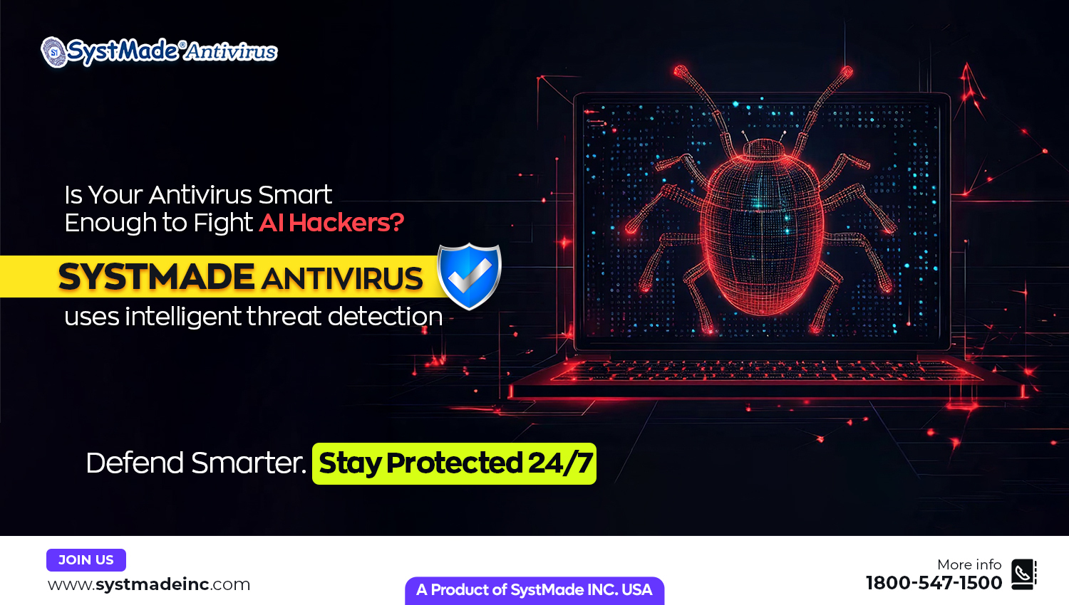 Comparison image of AI-powered malware versus Systmade Antivirus providing total security